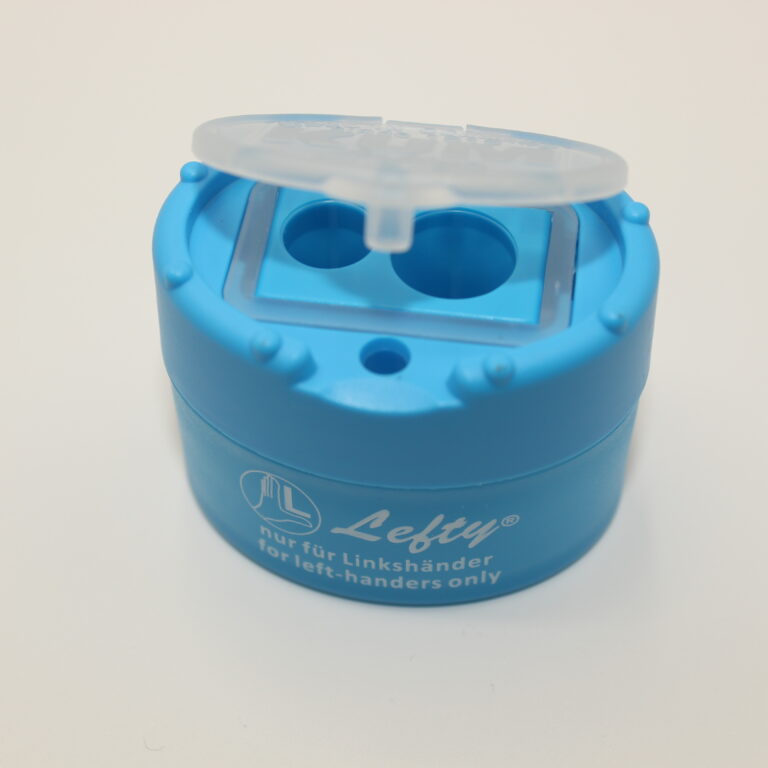 Blue Left-handed pencil sharpener with shavings container